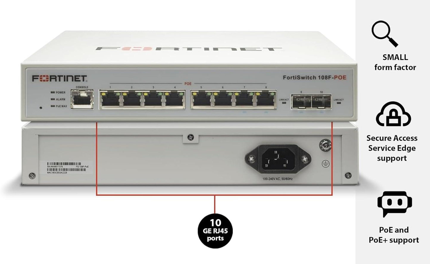 Switch Fortinet Gigabit Ethernet FortiSwitch 108F-POE, 8 Puertos PoE 10/100/1000 + 2 Puertos SFP, 65W, 20 Gbit/s, 8.000 Entradas