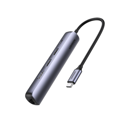 HUB USB-C Ultradelgado / 2 puertos USB 3.0 a 5 Gbps / HDMI 4K@30Hz / RJ45 ( Gigabit Ethernet)/ PD Carga Rápida 100W / Caja de Aluminio / 5 en 1