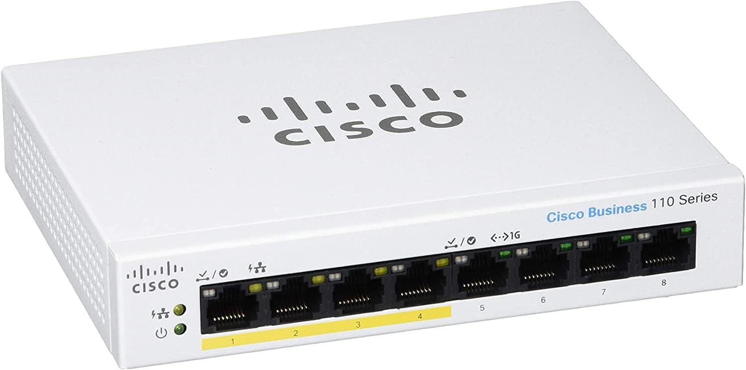 Switch Cisco CBS110 No administrable con 8 puertos 10/100/1000, solo soporta 4 puertos POE con 32W, el smartnet se adquiere por separado