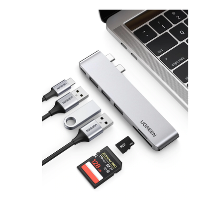 HUB USB-C (Thunderbolt 3) Multifuncional para MacBook Pro/Air / 3 Puertos USB3.0 + Memoria SD+TF (Uso Simultáneo) + 1 USB-C (PD 100W) / Transferencia de Video y Datos /  6 en 2