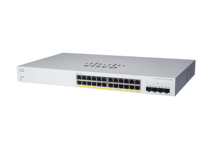 Conmutador Ethernet Cisco Business 220 CBS220-24P-4G 24 Puertos Gestionable - 2 Capa compatible - Modular - 4 Ranuras SFP - 30.40W Power Consumption - 195W Rendimiento PoE - Fibra Óptica, Par trenzado - PoE Ports