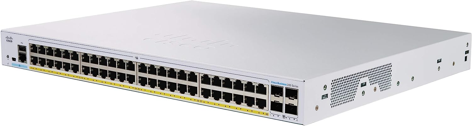 Switch Cisco CBS350 Administrable con 48 Puertos 10/100/1000 POE+ con 740W + 4 puertos 10G SFP+, el smartnet se adquiere por separado