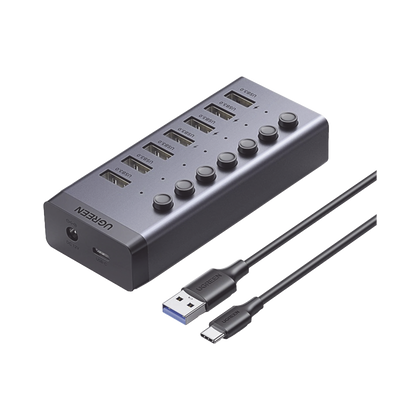 UGREEN HUB de 7 Puertos USB 3.0  / 4 puertos de Carga Inteligente / Interruptor Individual / Indicadores LED / USB 3.0 a 5Gbps / 1 USB-C Hembra (solo datos) / Incluye Adaptador de Corriente 12V 2A / 7 en 1