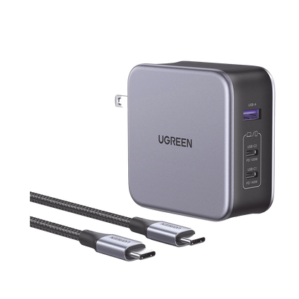 UGREEN Cargador de 140W serie Nexode / 3 Puertos de Carga Rápida / 2 USB-C / 1 USB-A / Tecnología GaN II +SIC / Power Delivery 3.1 / Quick Charge 4.0 / Tecnología de Protección Térmica/ Optimiza la Experiencia de Carga / Incluy