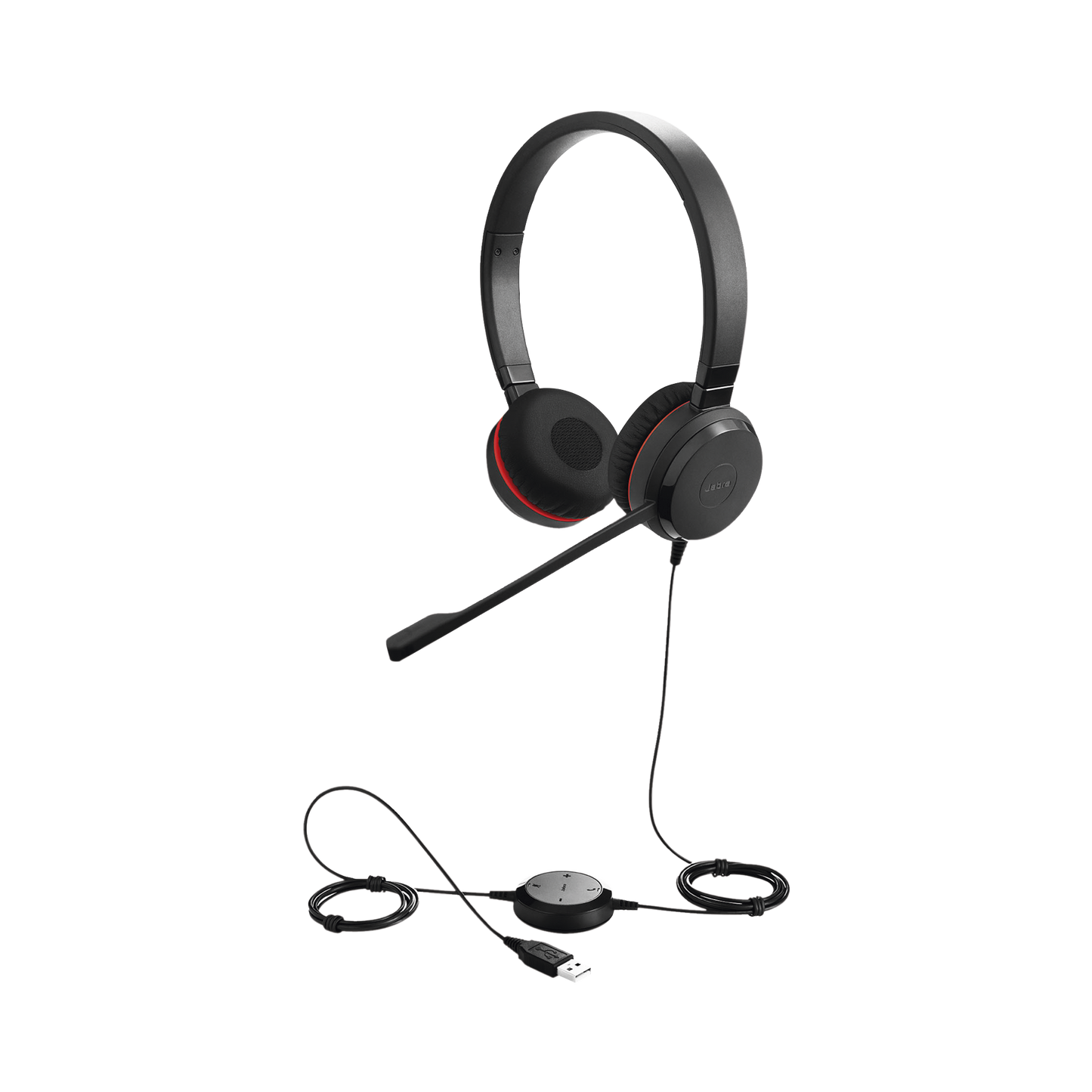 Diadema Jabra Evolve 30 Duo con conexión USB 3.5mm, micrófono con cancelación de ruido y controlador en el cable con botones e indicadores LED