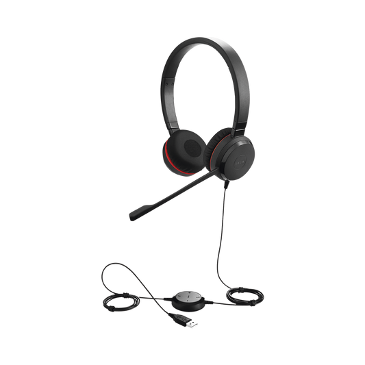 Diadema Jabra Evolve 30 Duo con conexión USB 3.5mm, micrófono con cancelación de ruido y controlador en el cable con botones e indicadores LED