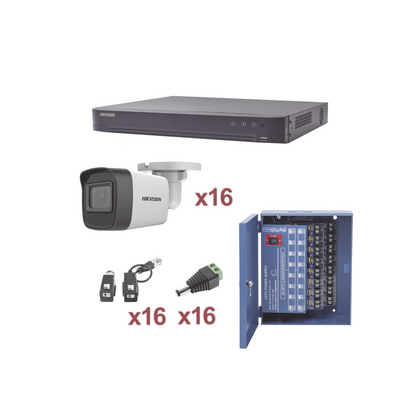 Hikvision Kit cámaras TurboHD 1080p / DVR 16 Canales / 16 Cámaras Bala (exterior 2.8 mm) / Transceptores / Conectores / Fuente de Poder Profesional