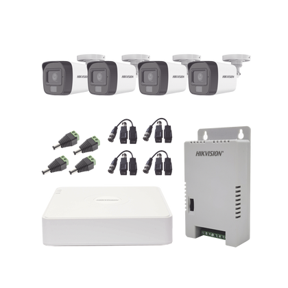 Hikvision Kit cámaras TURBOHD 1080p / DVR 4 Canales / 4 Cámaras con Micrófono Integrado y 101° Visión / Luz Blanca + IR Visión Nocturna / Transceptores / Conectores / Fuente de Poder Profesional Compacta