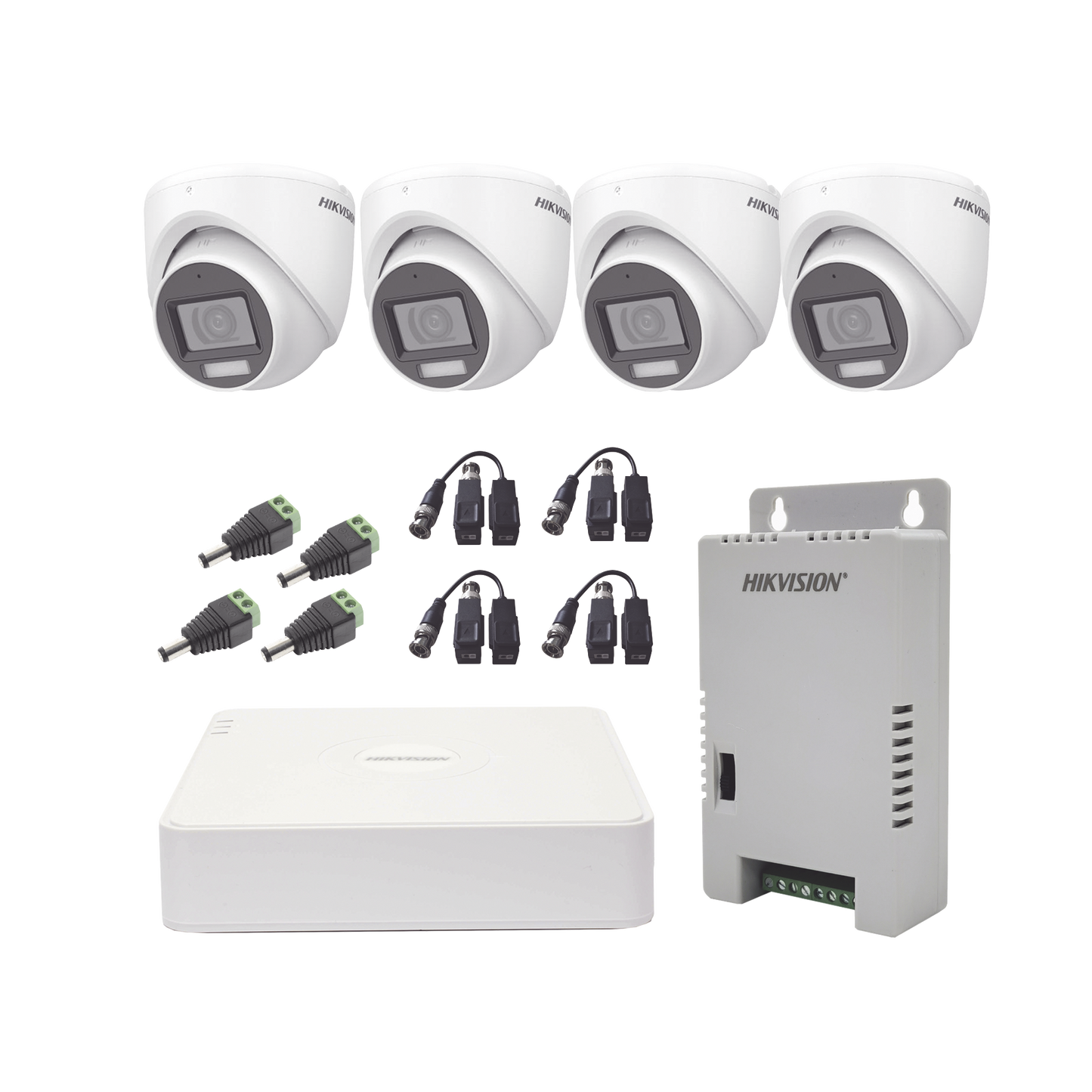 Hikvision Kit cámaras TurboHD 1080p  DVR 4 Canales con audio por coaxitron 4 Cámaras con Micrófono y  106° Visión/  luz blanca + IR visión nocturna
