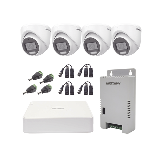 Hikvision Kit cámaras TurboHD 1080p  DVR 4 Canales con audio por coaxitron 4 Cámaras con Micrófono y  106° Visión/  luz blanca + IR visión nocturna