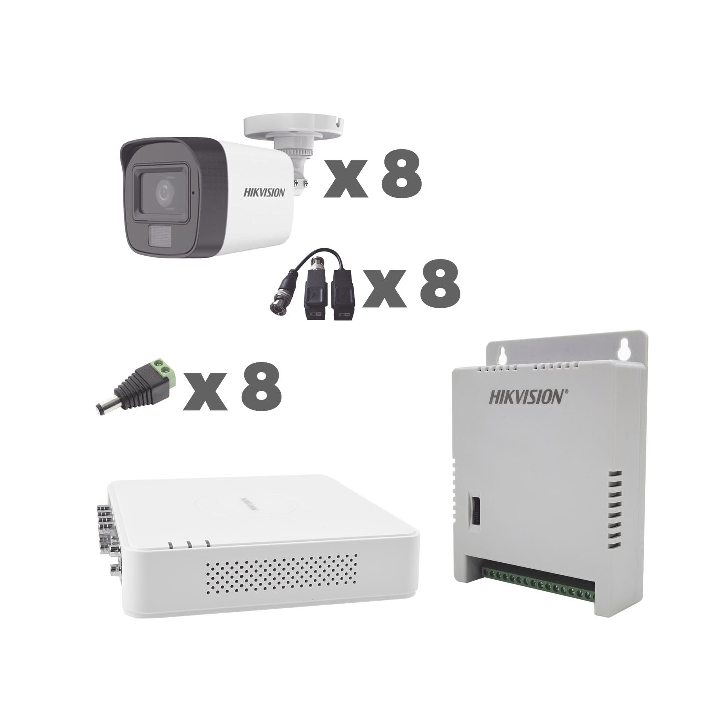 Hikvision Kit cámaras TurboHD 1080p / DVR 8 Canales con audio por coaxitron / 8 Cámaras con Micrófono Integrado 101° Visión/  luz blanca + IR visión nocturna  / Transceptores / Conectores / Fuente de Poder Profesional