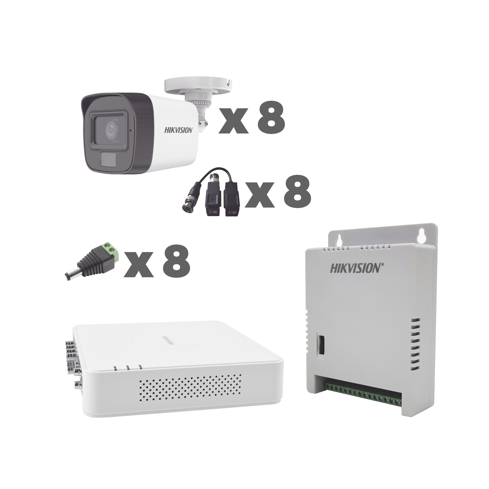 Hikvision Kit cámaras TurboHD 1080p / DVR 8 Canales con audio por coaxitron / 8 Cámaras con Micrófono Integrado 101° Visión/  luz blanca + IR visión nocturna  / Transceptores / Conectores / Fuente de Poder Profesional