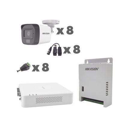 Hikvision Kit cámaras TurboHD 1080p / DVR 8 Canales con audio por coaxitron / 8 Cámaras con Micrófono Integrado 101° Visión/  luz blanca + IR visión nocturna  / Transceptores / Conectores / Fuente de Poder Profesional