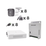 Hikvision Kit cámaras TurboHD 1080p / DVR 8 Canales con audio por coaxitron / 8 Cámaras con Micrófono Integrado 101° Visión/  luz blanca + IR visión nocturna  / Transceptores / Conectores / Fuente de Poder Profesional
