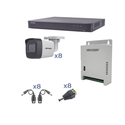 Hikvision Kit cámaras TurboHD 1080p / DVR 8 Canales / 8 Cámaras Bala (exterior 2.8 mm) / Transceptores / Conectores / Fuente de Poder Profesional hasta 15 Vcc para Larga Distancia