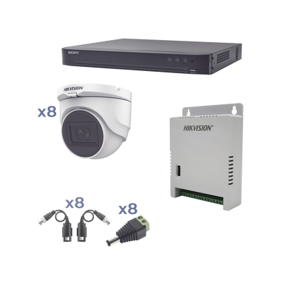 Hikvision Kit cámaras TURBOHD 1080p / DVR 8 Canales / 8 Cámaras Turret (exterior 2.8 mm) / Conectores / Transceptores / Fuente de Poder Profesional hasta 15 Vcc para Larga Distancia