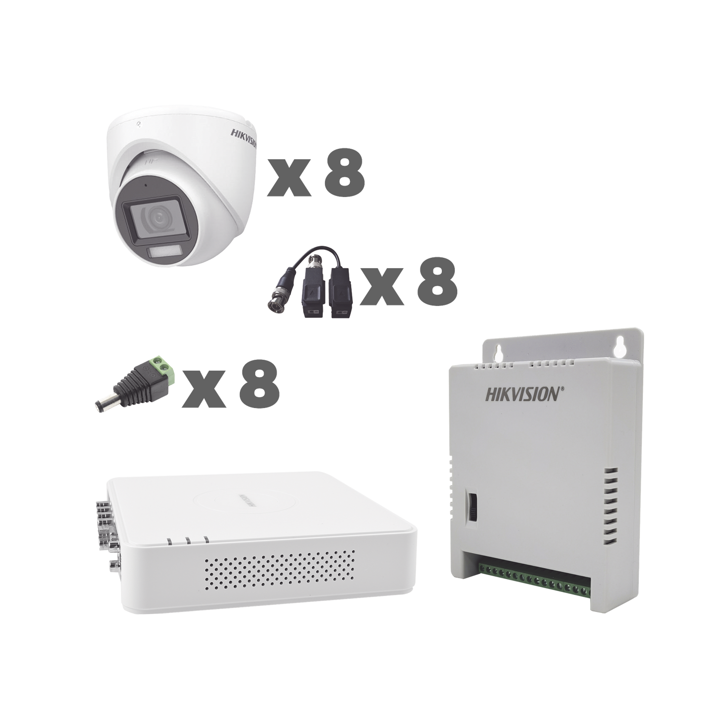 Hikvision Kit cámaras TurboHD 1080p / DVR 8 Canales con audio por coaxitron / 8 Cámaras con Micrófono Integrado 106° Visión/  luz blanca + IR visión nocturna  / Transceptores / Conectores / Fuente de Poder Profesional