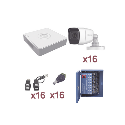 Hikvision Kit cámaras TurboHD 1080p Lite / Incluye DVR 16 Canales / 16 Cámaras Bala 2.8 mm / Transceptores / Conectores / Fuente de Poder Profesional Hasta 15Vcc para Larga Distancias